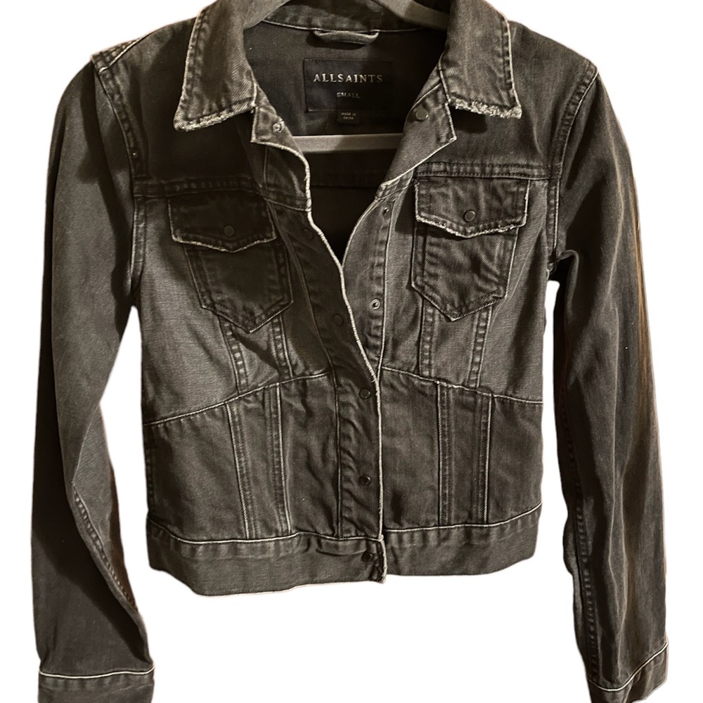AllSaints black denim jacket short length sz. S Jasper style name. EUC snaps